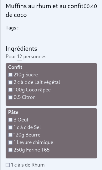 capture d'écran de la recette "Muffins au rhum et au confit de coco" avec ses ingrédients regroupés par étapes